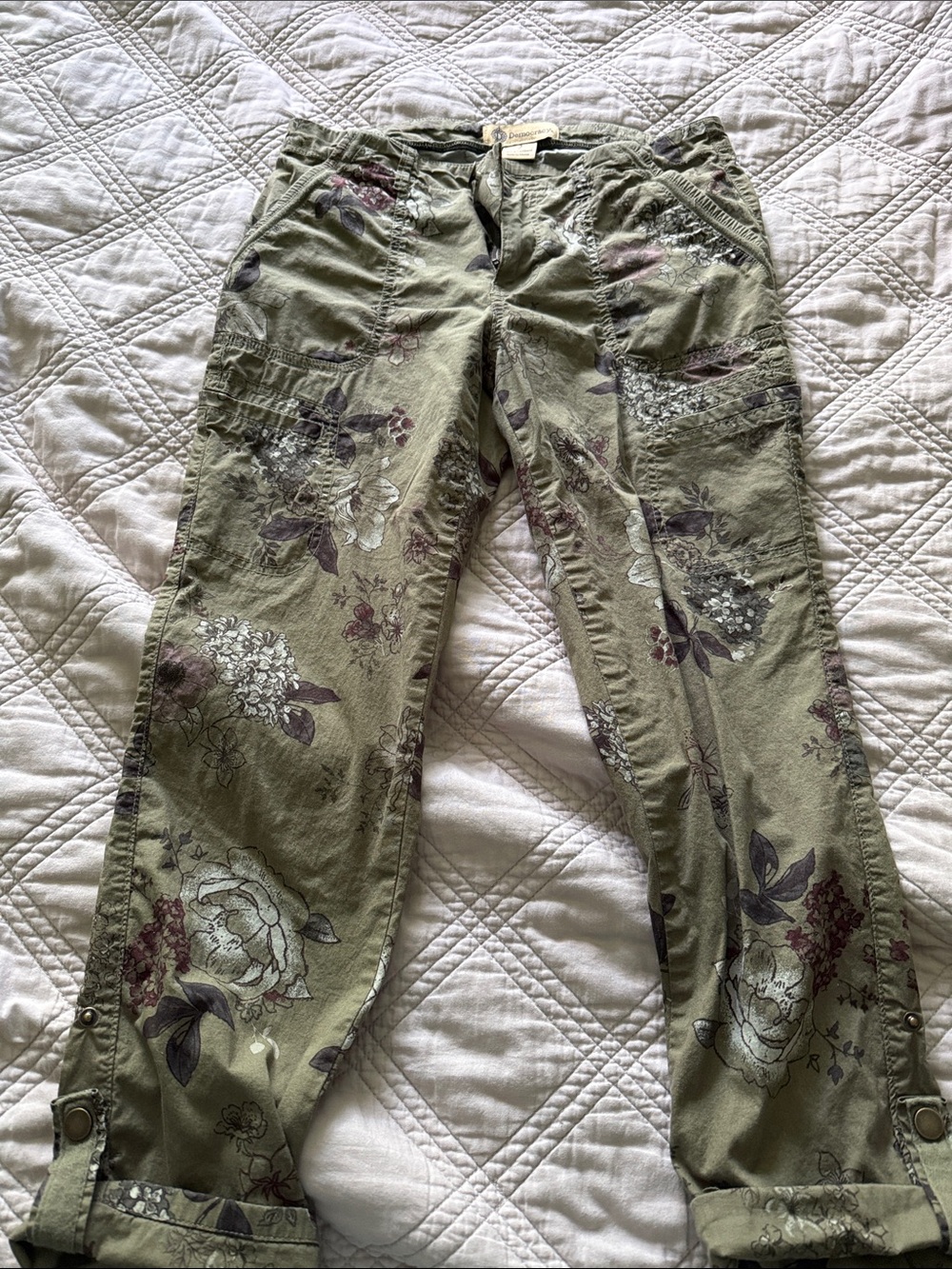 Democracy Olive Green Floral Utility Pants